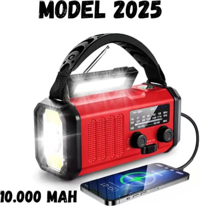 Noodradio - Solar - FM/AM - Opwindbaar - sos knop - MODEL 2025 - Solar powerbank - Zonnen energie - Survival Noodpakket - Zaklamp Oplaadbaar - Noodpakket – Noodrantsoen - Rood