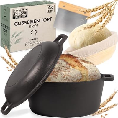 Gietijzeren Pan 26 cm - 2-in-1 Casserole met Deksel en Brood Bakpan