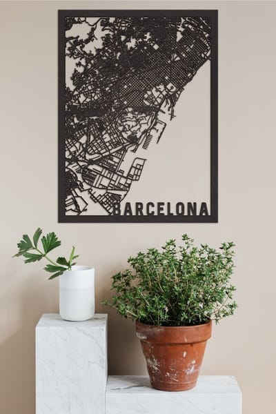 Houten Stadskaart Barcelona Zwart Mdf 100x75cm Wanddecoratie Voor Aan De Muur City Shapes