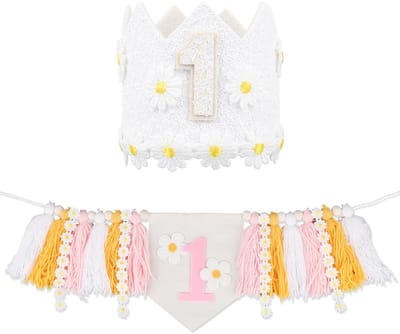 Dailygoods- Verjaardagsbanner Roze/Wit/Geel - Eerste Verjaardag Decoratie - Kinderstoel Banner - Daisy Kroon Hoed - Polyester/Non-woven Stof - Schattig Ontwerp - Verjaardagsdecoratie