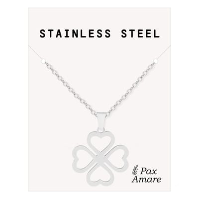 Ketting met Klavertje Vier - Roestvrij Staal - Zilverkleurig - Cadeau Sieraad op Kaartje - Pax Amare