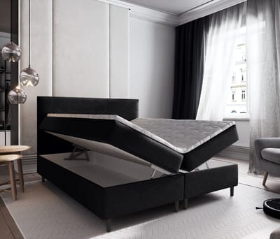 Boxspring met Opbergruimte Milou - 180x200 cm - Bonellvering - Stof Zwart - 2-Persoons