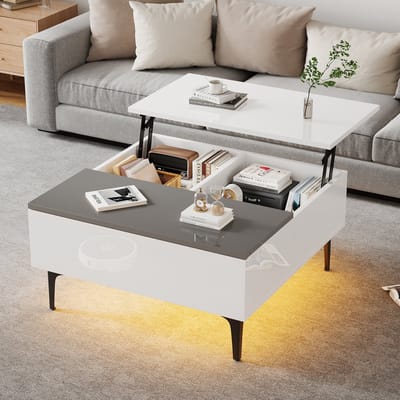 Wishdor - Salontafel - Verstelbaar Blad En Opbergruimte Met Lade En Led - Modern - Woonkamer - MDF - Wit En Grijs - 70 X 70 X 35 Cm