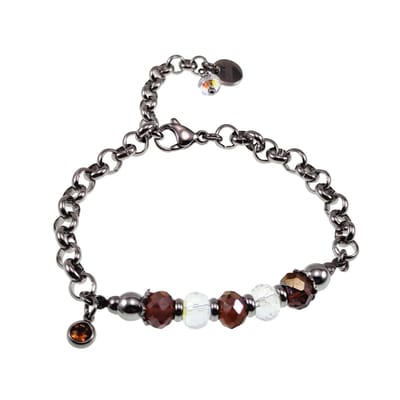 Armband Dames - Gepolijst RVS - Ronde Schakelarmband met Gefacetteerde Bruine Kristallen - Verstelbaar
