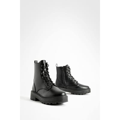 boohoo Dames Vetersluiting Chunky Hikerlaarzen | Zwart | Maat: 37