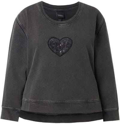 Ulla Popken - Dames - Sweatshirt paillettenhart ronde hals lange mouw - Zwart - Maat 42+