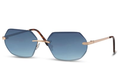 6495 Solo-Solis Zonnebril | Goud Montuur Zonnebril | Blauw Glazen Zonnebril | Randloze Zonnebril | Rimless Glasses | Dames & Heren | Festival & Rave Bril | Fashion Eyewear | Trendy Zomer Bril | Party & Outdoor Bril + Brillen Sleeve & Doek