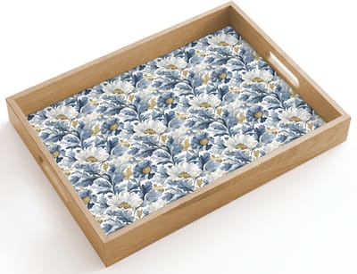 Dienblad hout 40x30 cm - Schootdienblad - Bloemen - Wit - Blauw - Borrelplank rechthoek - Plateau dienbladen
