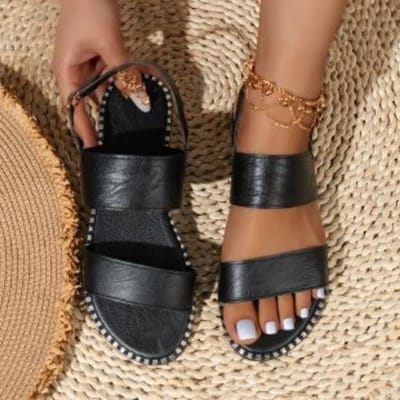 Nieuwe Zomer Koreaanse Stijl Mode Vismond Vormige Gesp Strass Lage Hak Platte Bodem Mode Casual Grote Maat Romeinse 43 black
