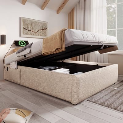Gestoffeerd Bed 160x200 cm - Tweepersoonsbed Met Opbergruimte en Usb C - Zonder Hoofdbord - Zonder Matras - Stof en Hout - Naturel