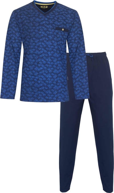 MEQ Heren Pyjama - 100% Gekamde Katoen - V Hals - Blauw - Maat M