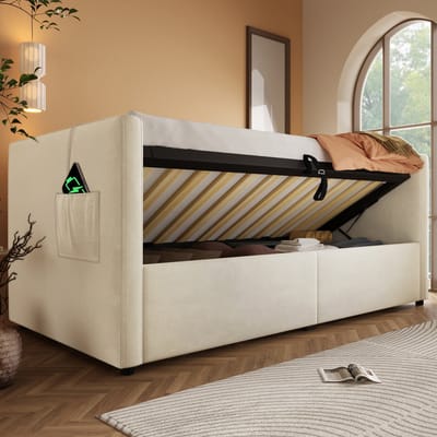 OKWISH Gestoffeerd bed 90x200 cm – Eenpersoonsbed met hydraulische opbergruimte – Geïntegreerde USB- en Type-C-ladestation – Fluweel – Beige – Zonder matras