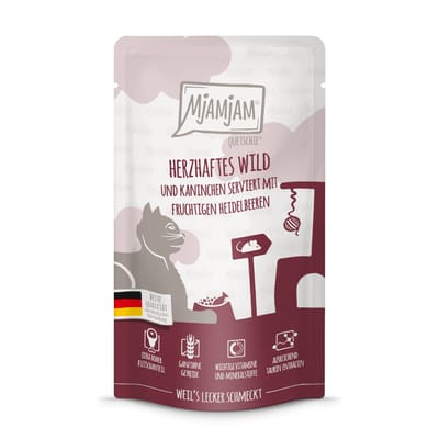 Voordeelpakket MjAMjAM Knijpzak 24 x 125 g - Hartig hertenvlees en konijn met fruitige bosbessen