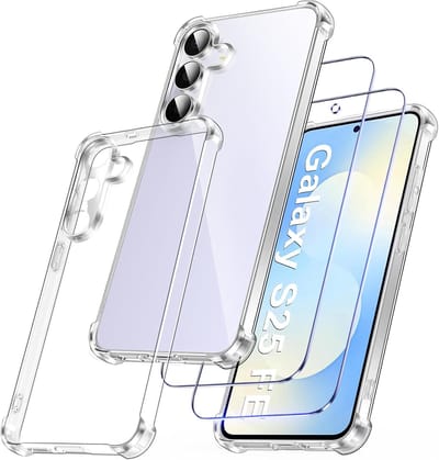 Casemania Hoesje + Glas Geschikt voor Samsung Galaxy S25 FE - Transparant - Anti Shock Back Cover + 2X Glazen Screenprotector