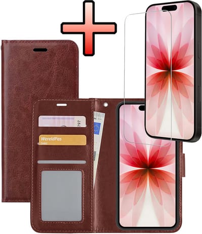 Hoesje - Met Screenprotector - Geschikt voor Apple iPhone 17 - Luxe Pasjeshouder - Bookcase Portemonee - Flip Case - Kunstleer Book Case - Flipcase - Book Cover - Walletcase - Portemonneehoes - Bruin