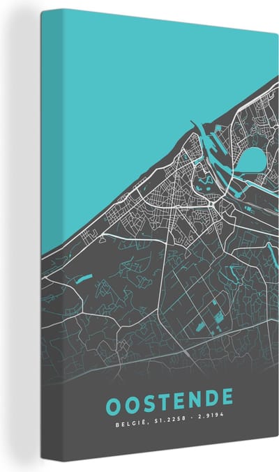 Canvas Schilderij België – Oostende – Stadskaart – Kaart – Blauw – Plattegrond - 20x30 cm - Wanddecoratie
