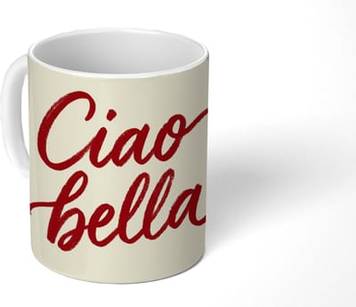 Mok - Koffiemok - Ciao bella - Rood - Wit - Minimalistisch - Mokken - 350 ML - Beker - Koffiemokken - Theemok - Mok met Tekst