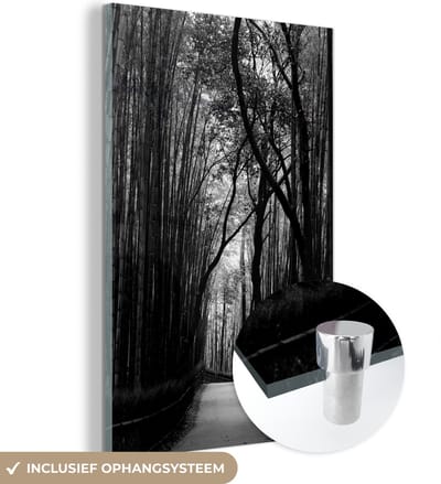 MuchoWow® Glasschilderij 80x120 cm - Schilderij acrylglas - Bamboe grove Japan - zwart wit - Foto op glas - Schilderijen