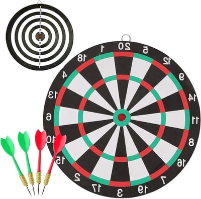 Allecto Plus - Dartbord van kurk voor outdoor met 4 darts set en accessoires. Dubbelzijdig dartschieten voor familiebijeenkomsten. Met wandhaken.