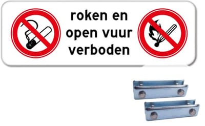 Bord Roken en Open vuur verboden - Weerbestendig Aluminium - 40x15 cm - Bevestiging: Met hekbeugels (voor spijlen- of gaashek)