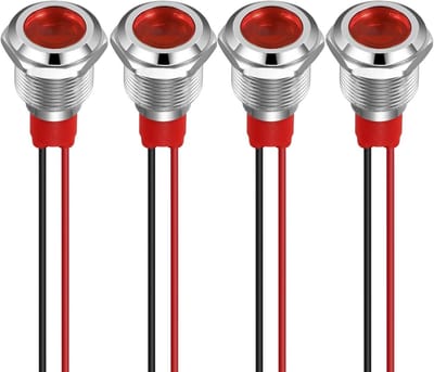12mm LED Indicator Licht 12-24V Waterdichte Signaalverlichting voor Paneelmontage - Metalen Flat Head met Draden, Set van 4 (Rood)