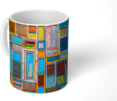 Mok - Koffiemok - Deuren - Blauw - Abstract - Architectuur - Neon - Mokken - 350 ML - Beker - Koffiemokken - Theemok