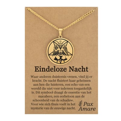 Duivel Ketting op Cadeau Kaartje - "Eindeloze Nacht" - Goudkleurig - Gothic Talisman / Medalion - Roestvrij Staal Hanger - 60cm