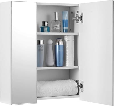 Badkamer Spiegelkast 3 Deuren - Wit & Spiegel - Wandkast met Verstelbare Planken - Medicijnkastje Hangend - Make-Up Kast met 3 Spiegels - Modern Design - 60x15x55