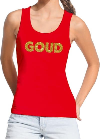 Bellatio Decorations feest tanktop voor dames goud - glitter tekst - foute party/carnaval - rood S