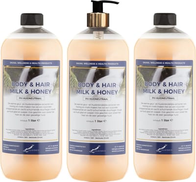 Body & Hair Milk & Honey 1 liter met gouden pomp - set van 3 stuks - 2 in 1 voor lichaam en haar - voordeelverpakking
