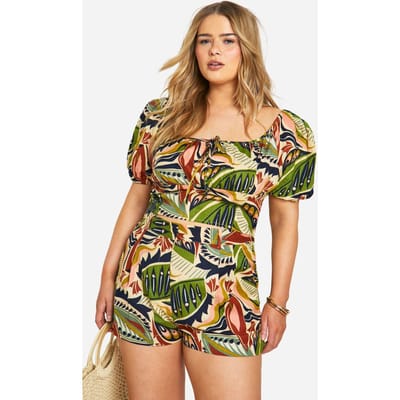 boohoo Dames Plus Leinen Feel Paisley Print Puff Sleeve Ruched Crop Top | Groente | Maat: 50