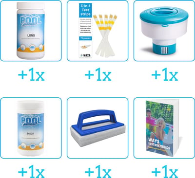 Zwembad Onderhoudspakket - Onderhoud Zwembad - bevat Chloor - Testrips - Chloordrijver - Chloor - Scrubborstel en Zwembadgids (6-delig)