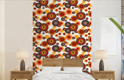 Behang - Fotobehang Design - Retro - Oranje - Bloemen - Breedte 140 cm x hoogte 220 cm