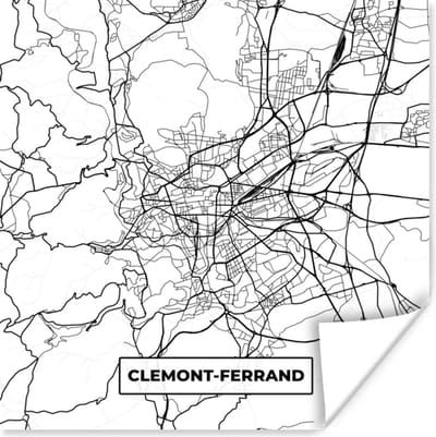 Poster Frankrijk - Clermont-Ferrand - Plattegrond - Stadskaart - Kaart - Zwart wit - 100x100 cm XXL