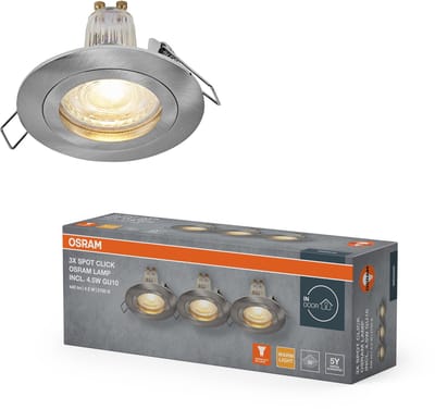 OSRAM Spot Set LED inbouwspot GU10 4,5W Satin Click, 2700K warm wit, aluminium, eenvoudige klikinstallatie, set van 3