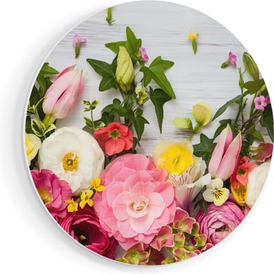 Artaza Forex Muurcirkel Bloemen Op Een Witte Houten Achtergrond - 90x90 cm - Groot - Wandcirkel - Rond Schilderij - Muurdecoratie Cirkel