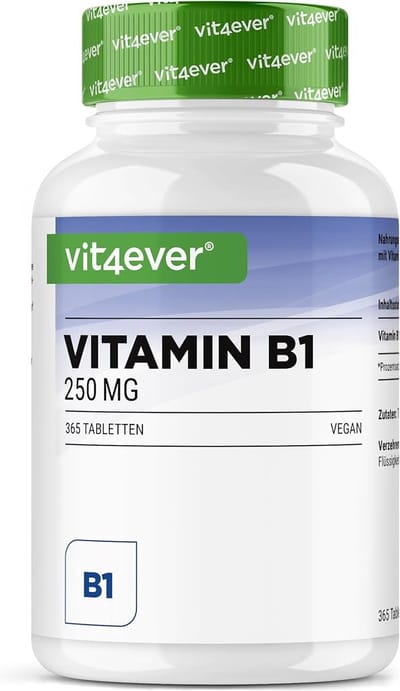 Vit4ever - Vitamine B1 (Thiamine) - 250 mg - 365 Tabletten - Premium: Thiamine Hydrochloride - Hoge biologische beschikbaarheid - 12 maanden voorraad - Geen ongewenste toevoegingen - Veganistisch