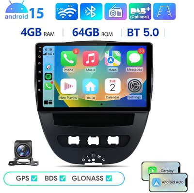 Hexinex Octa-Core autoradio Geschikt voor Peugeot 107, Toyota Aygo, Citroën C1 (2005-2014) - Draadloos CarPlay, Android Auto,GPS Navi, multimediaspeler, Android 15, 4GB+64GB