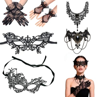 Dailygoods- Venetiaanse Masker 6-delig - Kanten Maskers - Zwarte Handschoenen - Vintage Kettingen - Verstelbaar - Gotische Charme - Feestmasker