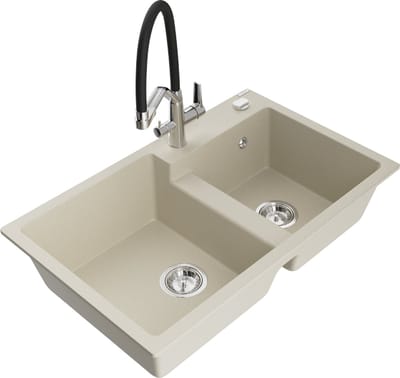 Mexen Tomas granieten gootsteen met 2 compartimenten en Duo keukenmengkraan, beige - 6516-69-671701-07