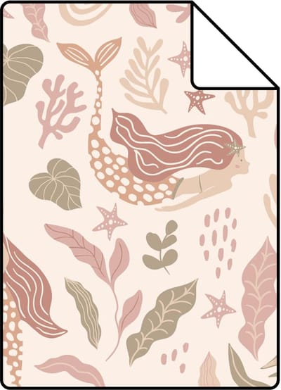 Proefstaal ESTAhome behang zeemeerminnen beige, roze en groen - 26.5 x 21 cm - 131497-S