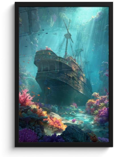 Poster in lijst - Fotolijst 40x60 cm - Posters - Schip - Hout - Koraalriffen - Zonlicht - Posterlijst zwart - Decoratie - Wanddecoratie woonkamer - Muurdecoratie slaapkamer