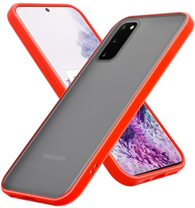 Cadorabo Hoesje geschikt voor Samsung Galaxy S20 in Mat Rood - Zwarte Knopen - Hybride beschermhoes met TPU siliconen Case Cover binnenkant en matte plastic achterkant