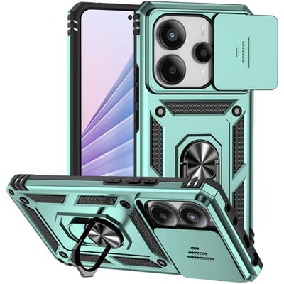 Pour Redmi 14 13 5G 4G Poco X7 Pro 13 Pro 5G 4G Étui Support Anneau Cache Objectif Coulissant Armure Funda pour Xiaomi 14T Pro Housse For Poco X7 Pro vert