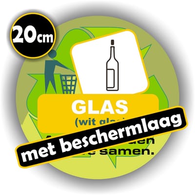 Jerma - Wit - Glas - Afvalbak - Recycling - Sticker - Ø 20 cm - Vinyl - Zelfklevend - Weerbestendig