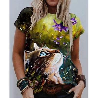 T-shirt Femme Été Manches Courtes Chat Mignon de la Forêt Impression 3D Drôle Nouveau Rétro Pull Mode Haut pour Dames 6XL brown