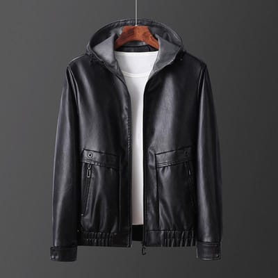 Heren Winter Nieuwe Leren Jas met Capuchon Geborduurd Koreaanse Versie Winter PU Leren Jas XXXL black