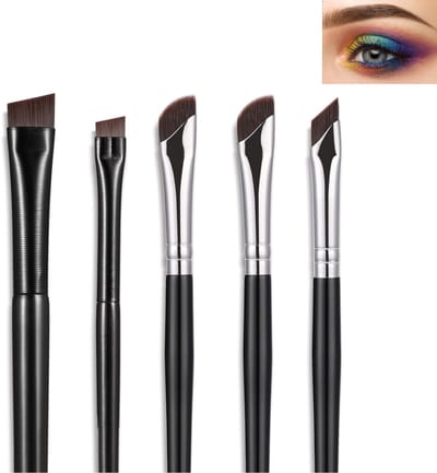 Set van 5 stuks - eyelinerkwast - fijn, schuin eyeliner- en wenkbrauwcontourkwast - sikkelvormig, ultradun, schuin plat kwastje - precisie make-upkwast - schuin concealerkwast - geschikt voor beautymake-up en concealer