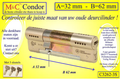 M&C Condor - High Security deurcilinder  - SKG*** - 32x62 mm - Politiekeurmerk Veilig Wonen  -  inclusief gereedschap montageset