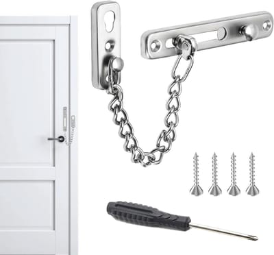 Veiligheidsdeurketting zonder boren van roestvrij staal, inclusief 4 schroeven en 1 schroevendraaier, ideaal voor thuis en hotels, diefstalpreventie en eenvoudige installatie